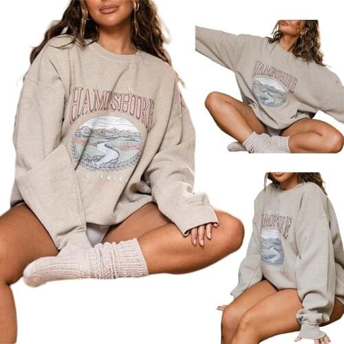Women’s Casual Long-sleeved Sweater Fashion Scenery Letter Print Loose Pullover Sweatshirt