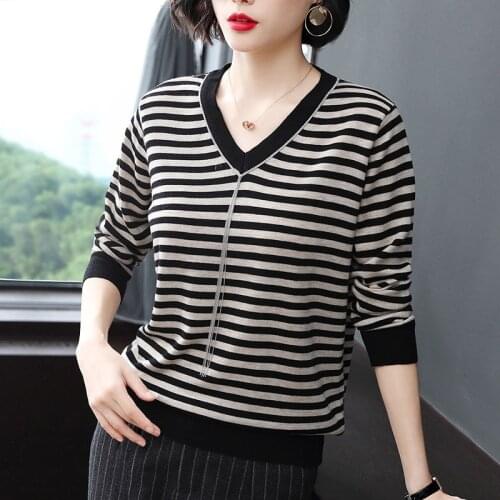 Plus Size 5XL V-Neck Stripe Chain Decorations Knitwear Tops Women Fashion Ribbed Long Sleeve Knitted Pullovers Spring Sweater