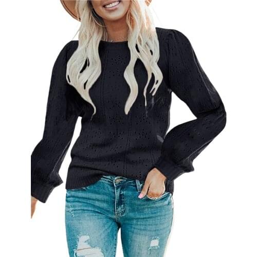 Autumn Winter Solid Lantern Sleeve Hollow Out Sweater Female Elegant O-neck Vintage Femme Jumper White Sweet Girls Knitwear