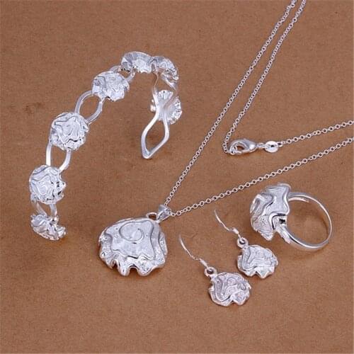 Woman 925 sterling Silver Pretty rose flower bangle Bracelets rings Pendant necklaces earring Jewelry set fashion Party gifts