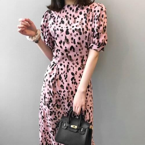 Maxi Dress Women 2021 Summer New Style Leopard Print Pink Dress Round Neck Short Sleeve Bow with Back Belt Long Dress Elegant