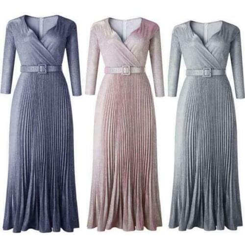 Womens New Glitter African Style V-Neck Pleated Max Long Dress With Belt b899