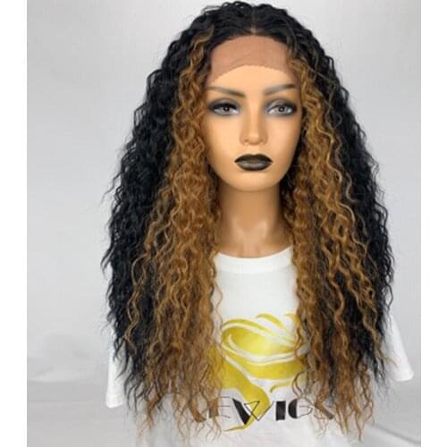 100% Real Human Hair Lace Front Wig long Small curly black mixed golden long Deep Wave curly wig 24 Inch