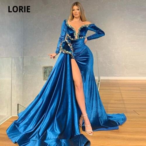 LORIE Velvet Evening Dresses Long Sleeves Beaded High Side Split Robe Sexy Abendkleider Arabic Prom Gown Party Dress 2021
