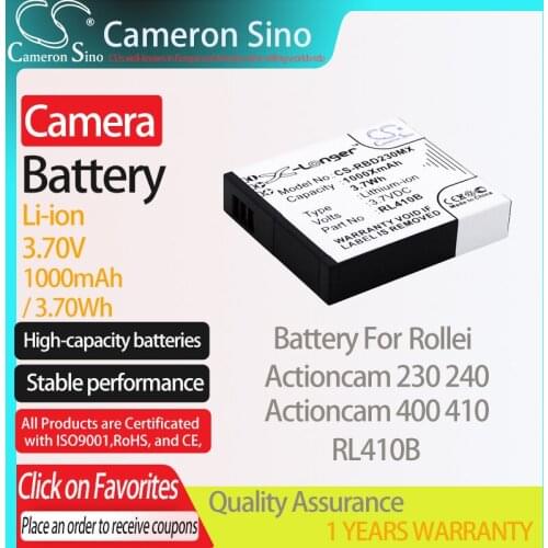 CameronSino Battery for Rollei Actioncam 230 Actioncam 240 Actioncam 400 410 fits Rollei RL410B Digital camera Batteris 1000mAh