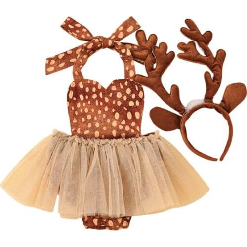 Baby Girls Bodysuits Deer Headband Cartoon Print Lace Ruffles Jumpsuits Xmas cosplay costume Christmas Clothes