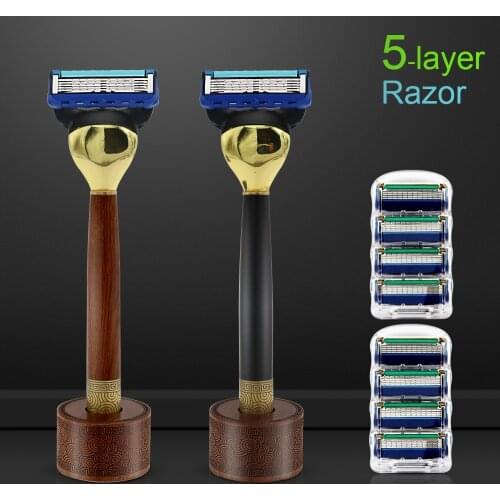 Upmarket Manual Shaving Razor Wooden Handle Mens Safety Razor 5-layer Blade Shaver Replacebale Blades Razor Gift with base
