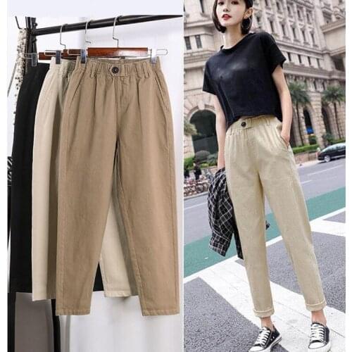 Beige High waist Casual Pants Women loose Spring Autumn 2020 New Womens Korean slim Harem pants Plus Size Nine pants 3XL