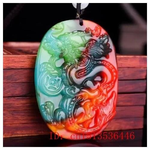 ChineseColorful Jade zodiac Dragon Pendant Necklace Charm Jewellery Fashion Hand-Carved Woman Amulet Sweater Chain