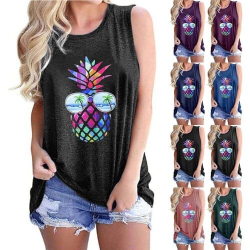 Colored Pineapple Print Tank Top Women O-Neck Sleeveless Tops For Women Summer Casual Loose Funny T Shirts Plus Size Clothing