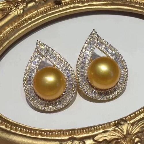 JCY/MJ Solid 925 Sterling Silver Round 10-11mm Nature Fresh Water Golden Pearls Studs Earrings for Women Fine Gifts