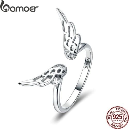 BAMOER Authentic 925 Sterling Silver Classic Feathers Wings Adjustable Finger Rings for Women Wedding Engagement Jewelry SCR457