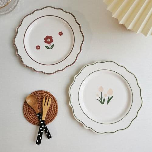 Korean Ins Wind Tulip Ceramic Plate Cute Lace Dessert Snack Plate Creative Home Dish Dishes Dinner Plates