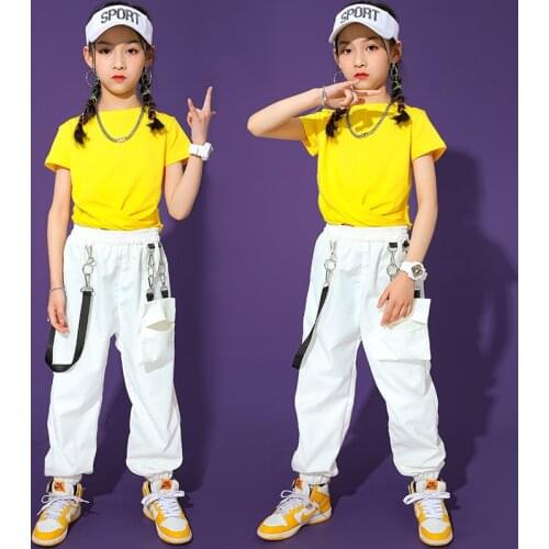 Girls Jazz Dance Costume Crop Tops White Cargo Pants Short Sleeved Hip Hop Clothes Kids Street Dance Performance Costume BL6278