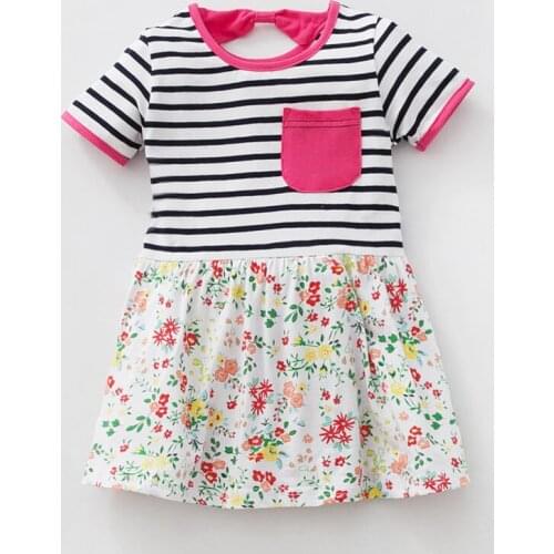 Little Maven Girls Short Sleeve Summer Dress 1-6 Years Kids 100% Cotton Casual Striped Little Flower Dresses Childrens Clothing