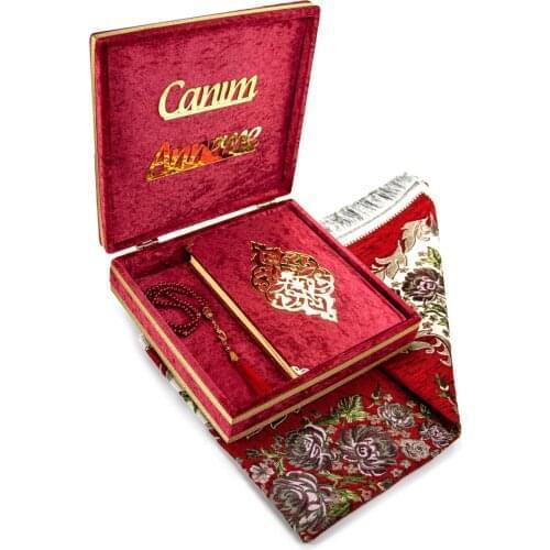 Personalized Name Prayer rug set 4pcs muslim set arabic Islam Mawlut Umrah gift Sijadat prayer carpet Holy Quran rosary