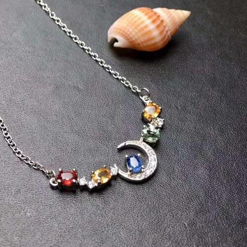 Natural Color Sapphire Moon Pendant Necklace S925 Silver Candy Color Fine Fashion Lovely Jewelry for Women Free Shipping【FS
