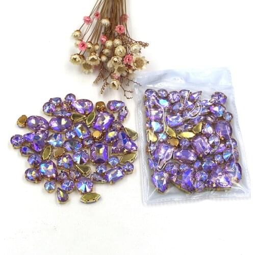 Sell at a loss!mixed shape Crystal Purple AB sew on glass claw rhinestones with gold base diy clothing accessories