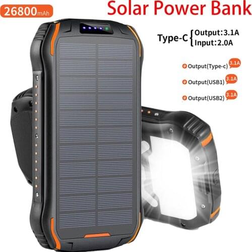 IP66 Waterproof 26800mAh Wireless Charging Solar Power Bank Fast Charging Powerbank Camping Light for type-c Phone