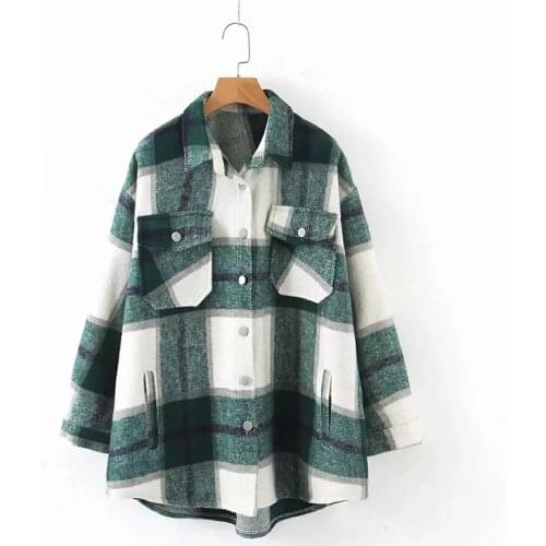 ZA autumn winter Womens plaid woolen shirt Plus tweed thick coat Warm Outwear Vintage Oversize Coats female shirtwear