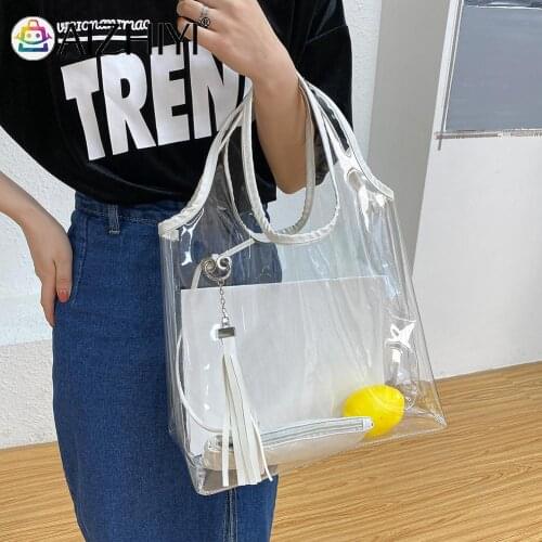 Women Fashion PVC Transparent Tassel Shoulder Underarm Shopping Bag Vintage Small Pouch Zipper Large Capacity Tote Handbag Bags