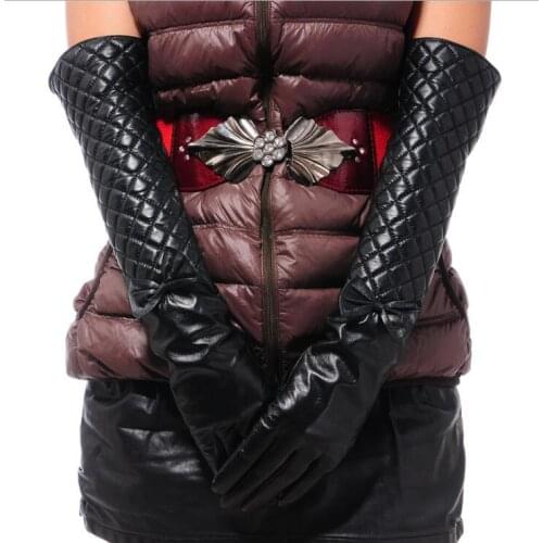 Womens winter thicken fleece lining long glove ladys natural sheepskin leather glove checked plaid driving glove R306