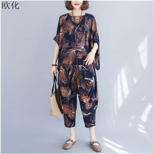 Plus Size Women Sets Suit 2020 Summer Vintage Elegant Print Lady Top T Shirt Batwing Cotton Suit 2 Piece Set Long Harem Pants