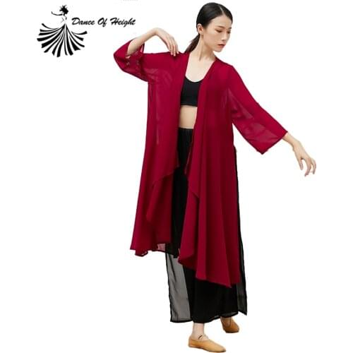 Women One Piece Long Dress Flowy Classical Dance Shirt Long Sleeve Chiffon Free Size Dancer Practice Wear Red