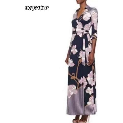 2016 Autumn Runway Designer Long Dress Womens High Quality 3/4 Sleeve Print Bodycon Signature Maxi Jersey Silk Dress XXL