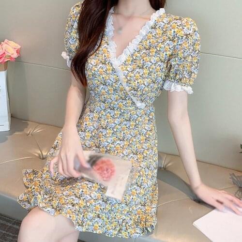 Puff Sleeve Tighten Waist Dress for Ladies Summer Casual Floral Women Dress Lace Patchwork Elegant V-Neck Clothes