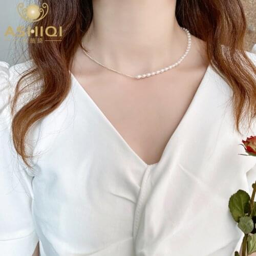 ASHIQI Natural Freshwater Pearl Necklace 925 Sterling Silver Chain Jewelry for Women Wedding Gift