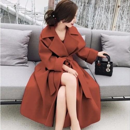 Korean Fashion Women Black Long Woolen Cloth Coat Autumn Winter Clothes Jacket Belt Overcoat Split Hem Oversized Outerwear 4XL