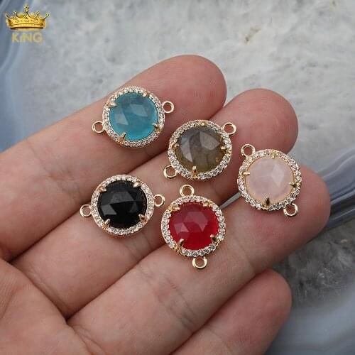 10Pcs/Lot Plated Gold Natural Stone Red Black Blue Glass Round Beads Charms For DIY Necklace Bracelet Jewelry Findings DT-21KBC