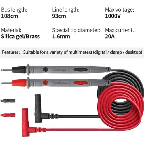 20A 1000V High Tensile Strength Silicon Line Universal Probe Retardant Gilded Sharp Needle Digital Multimeter Test Lead HR