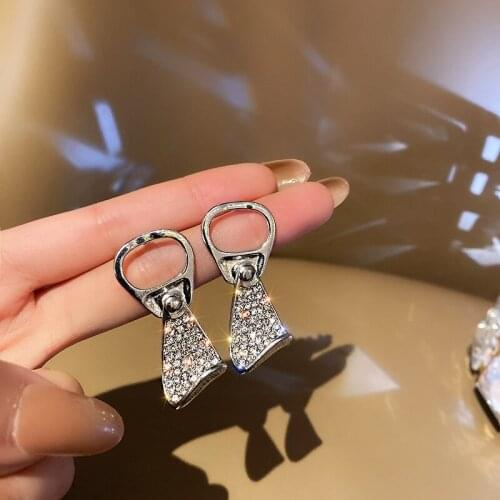 2021 Trendy New Personality Beer Buckle Pull Ring Shape Rotatable Earrings For Women Cute Rhinestone Inlaid Fashion Jewelry