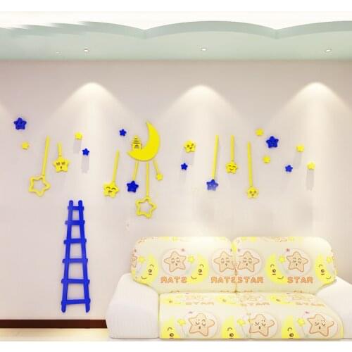 New arrival Moon stars Creative Acrylic 3D wall stickers For Kids Room Cartoon Kindergarten ceiling wall DIY art decor