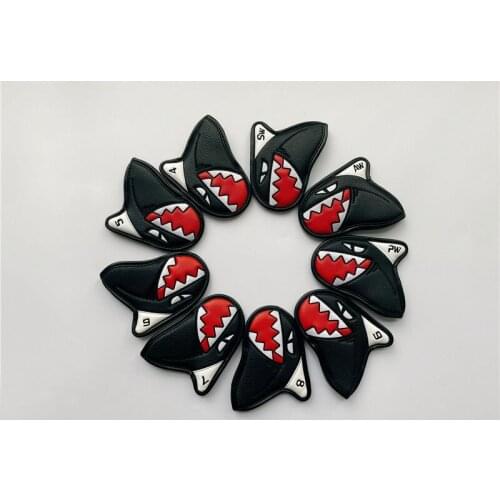 9PCS Sharks Golf Head Cover Golf Irons Head Cover Black 456789PAS PU Leather Sharks Golf Irons Head Cover Free Shipping