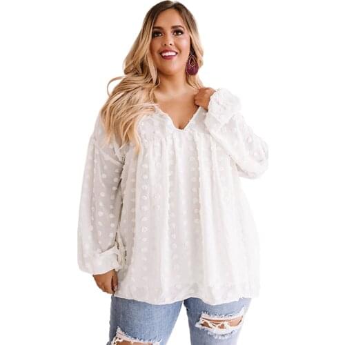 5XL White Color Plus Size Blouse V Neck Lantern Sleeve Swiss Dot Women Clothing Tops Blusas Feminina Camisas Mujer De Moda 2021