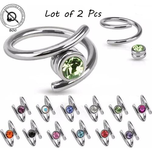 BOG-2PC Ear Cartilage Piercing Helix Twister Ring Spiral Captive Ring With Gem Ball Eyebrow Lip Belly Navel Piercing Jewelry 14g