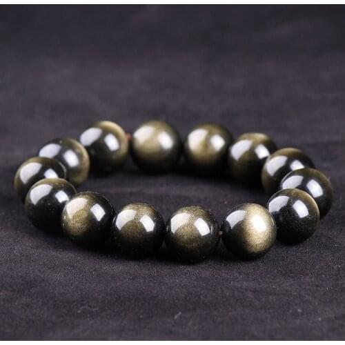 Natural Gold Black Obsidian Stone Bracelet AAAA+ 8 10 12 14 16mm Round Beads Bracelets For Men Women Jewelry Drop Shipping