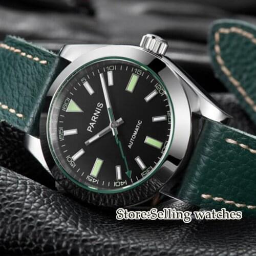 40mm Parnis Watch Mechanical Sapphire Crystal Casual Leather Miyota 8215 Mens Automatic Watch