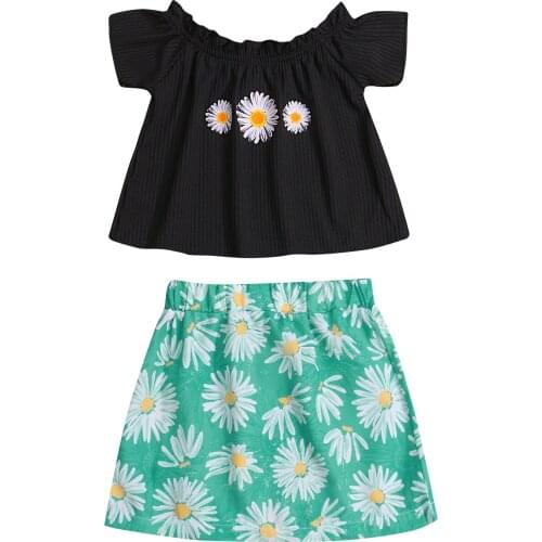 New Summer 1-6 Years Cotton 2 Pieces Kids Summer Daisy Print Boat Neck Short Sleeve Pullover+ A-Line Skirt For Toddler Suit Set