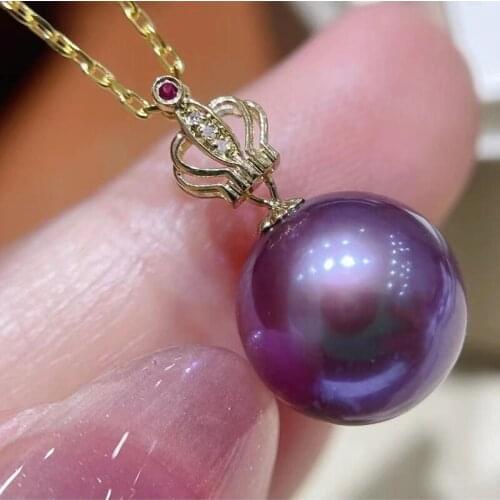 HENGSHENG 18K Yellow Gold Crown 12mm Natural Fresh Water Edison Deep Purple Pearl Pendant ,Red and white zircon Fine Jewelry