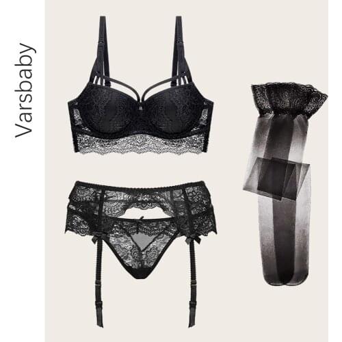 Varsbaby Fahion Sexy Deep V Push Up Underwear Set Hollow Cotton Bra Sets 4 Pieces Bra+Panties+Garter+Stocking For Women