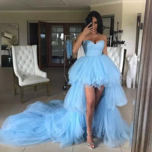 Sweetheart High Low Sleeveless Prom Dresses Light Blue Tulle Short Front Long Back Party Dresses Graduation Evening Gowns