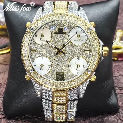 MISSFOX 51MM Oversized Big Dial Luxury Men Watch Full Diamond Case with 5 Quartz Movt Male Business AAA Clocks Relogio Masculino