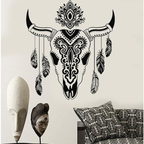Animal Skull Wall Stickers Living Room Art Decor Bull Feathers Ethnic Vinyl Wall Decal Study Room Office Wall Decoration Z157