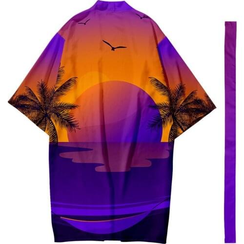 Hawaiian Landscape Printed Long Style Kimono Beach Cardigan With Belt Japanese Couple Women Men Casual Asian Clothes Harajuku