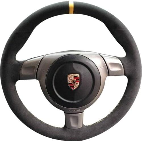 All Black Suede Leather Yellow Marker Steering Wheel Cover Hand-Stitch on Wrap Fit For Porsche 911 997 987 2005-2012