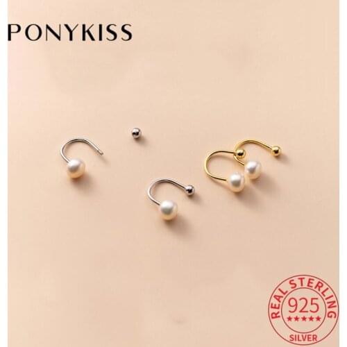 PONYKISS Romantic White Pearl S925 Sterling Silver Minimlist Clip Earrings for Women Party Fine Jewelry wholesale Accessory